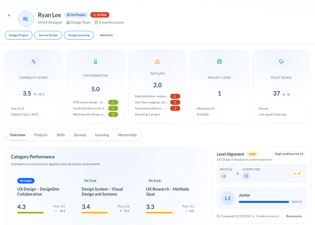 Individual member view showing capability, strengths, gaps, project load, and level alignment.