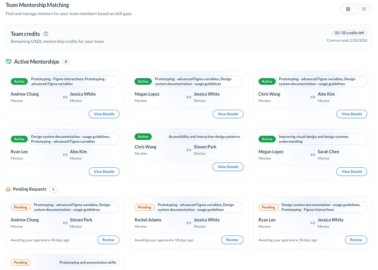 Mentorship matching with suggested matches, relevant capabilities, and confirmation controls.